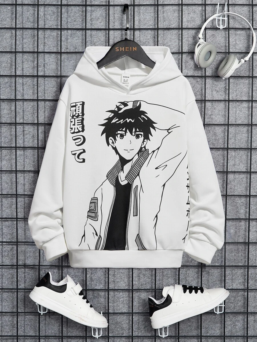 SHEIN 少年日文字母及數字圖形連帽衛衣