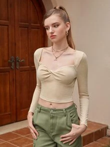 SHEIN MOD Sweetheart Neck Twist Front Tee - Apricot - View 3