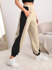 Colour Block Elastic Waist Sports Trousers - Khaki - View 1
