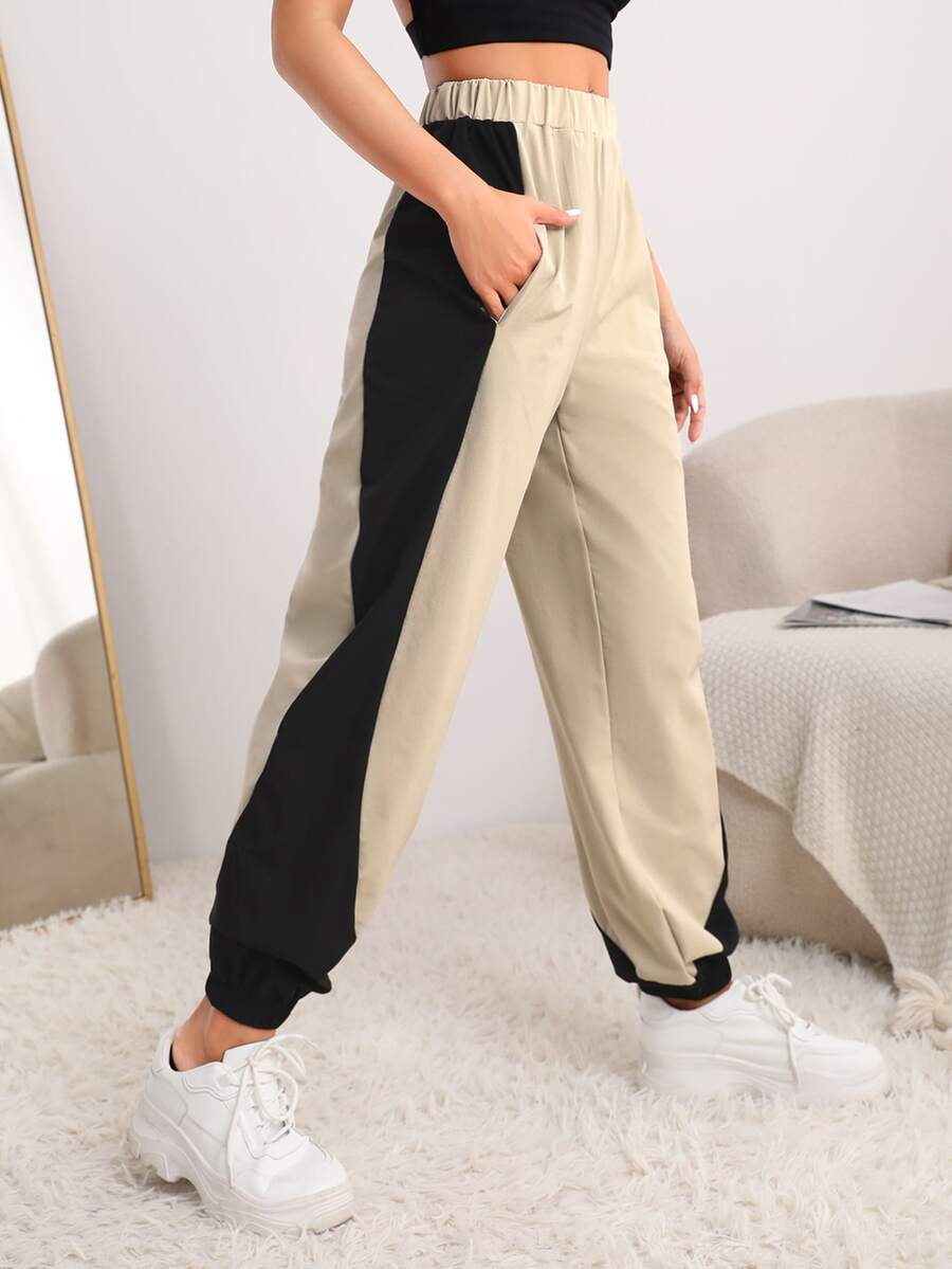 Colour Block Elastic Waist Sports Trousers - Khaki - View 1