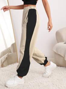 Colour Block Elastic Waist Sports Trousers - Khaki - View 2