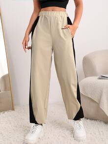 Colour Block Elastic Waist Sports Trousers - Khaki - View 3