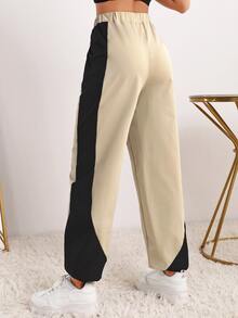 Colour Block Elastic Waist Sports Trousers - Khaki - View 4