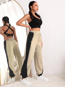 Colour Block Elastic Waist Sports Trousers - Khaki - View 5