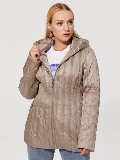 Abrigo acolchado con capucha, bolsillos con cremallera y talla grande