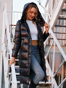 ZIAI Hooded Solid Color Casual Long Padded Padded Coat With Pockets, Winter - Black - View 6