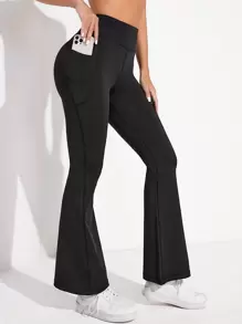 SHEIN Yoga Basic Tummy Control Phone Pocket Flare Leg Sports Trousers - Black - View 1