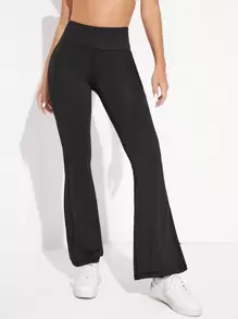 SHEIN Yoga Basic Tummy Control Phone Pocket Flare Leg Sports Trousers - Black - View 3