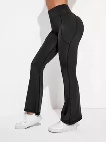 SHEIN Yoga Basic Tummy Control Phone Pocket Flare Leg Sports Trousers - Black - View 4