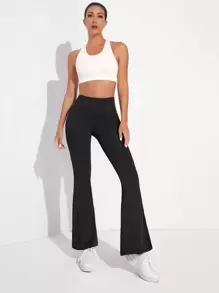 SHEIN Yoga Basic Tummy Control Phone Pocket Flare Leg Sports Trousers - Black - View 5