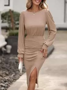 SHEIN Clasi Lantern Sleeve Ruched Split Thigh Dress - Khaki - View 1