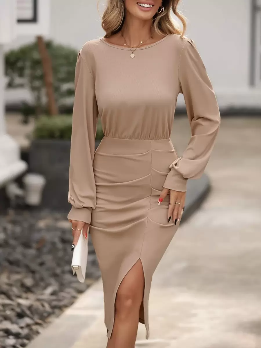 SHEIN Clasi Lantern Sleeve Ruched Split Thigh Dress - Khaki - View 1