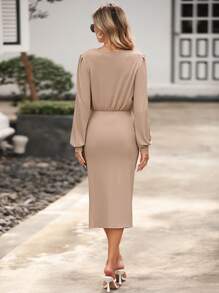 SHEIN Clasi Lantern Sleeve Ruched Split Thigh Dress - Khaki - View 2