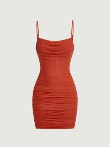SHEIN MOD Ruched Mesh Cami Bodycon Dress - Burnt Orange - View 1