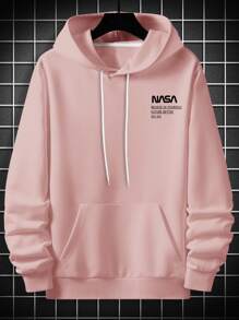 Manfinity Men Plus Letter Graphic Kangaroo Pocket Drawstring Hoodie - Baby Pink - View 3