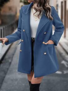 SHEIN Privé Double Breasted Lapel Collar Coat - Blue - View 6