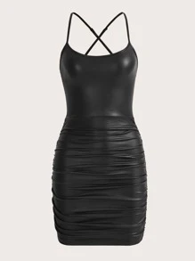SHEIN ICON Ruched PU Leather Bodycon Dress