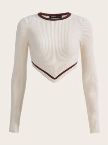 SHEIN EZwear Striped Trim Asymmetrical Hem Crop Jumper - Beige - View 1