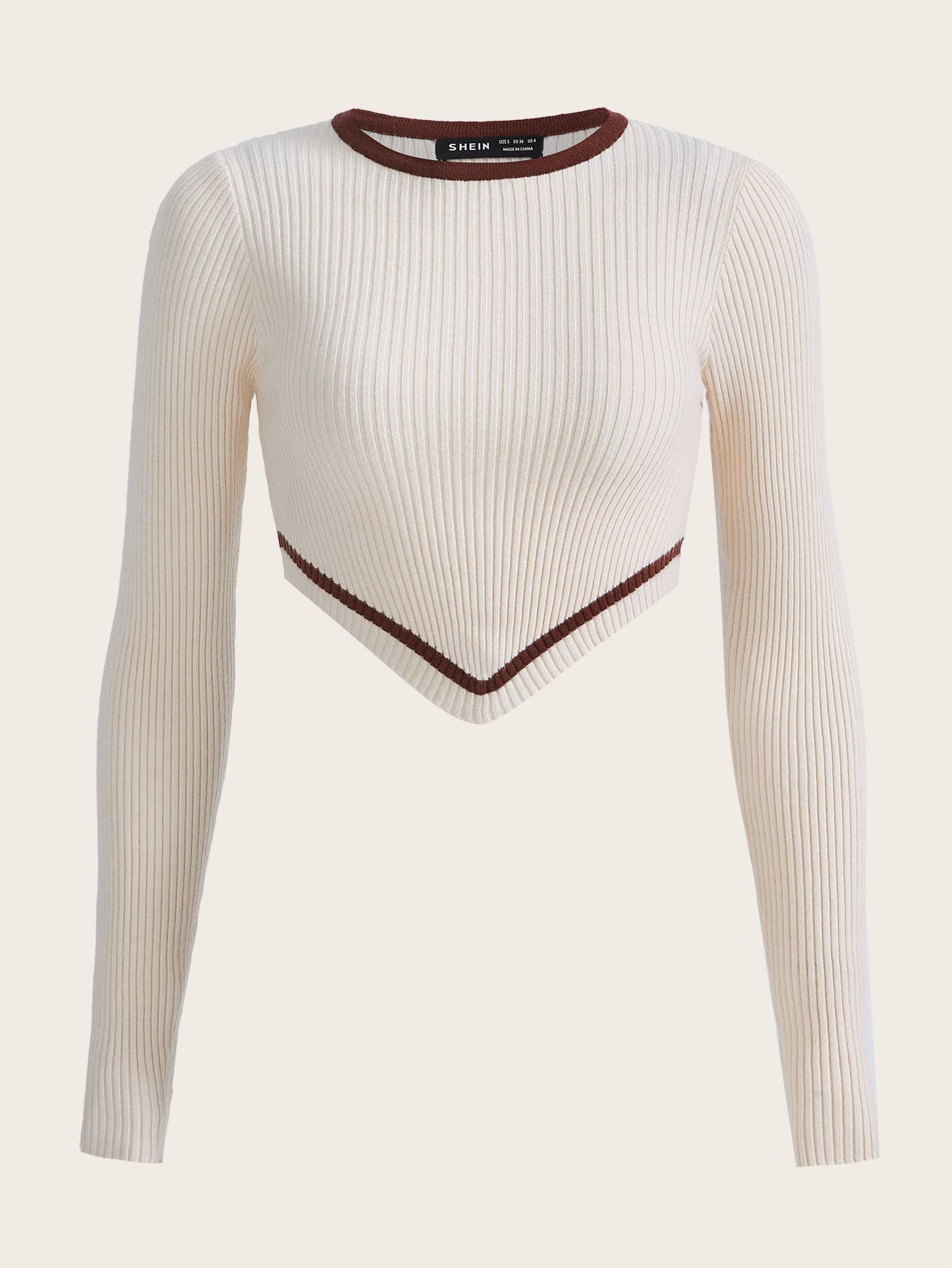 SHEIN EZwear Striped Trim Asymmetrical Hem Crop Jumper - Beige - View 1