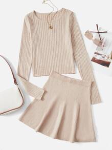 SHEIN Qutie Ribbed Knit Jumper & Knit Skirt - Apricot - View 1