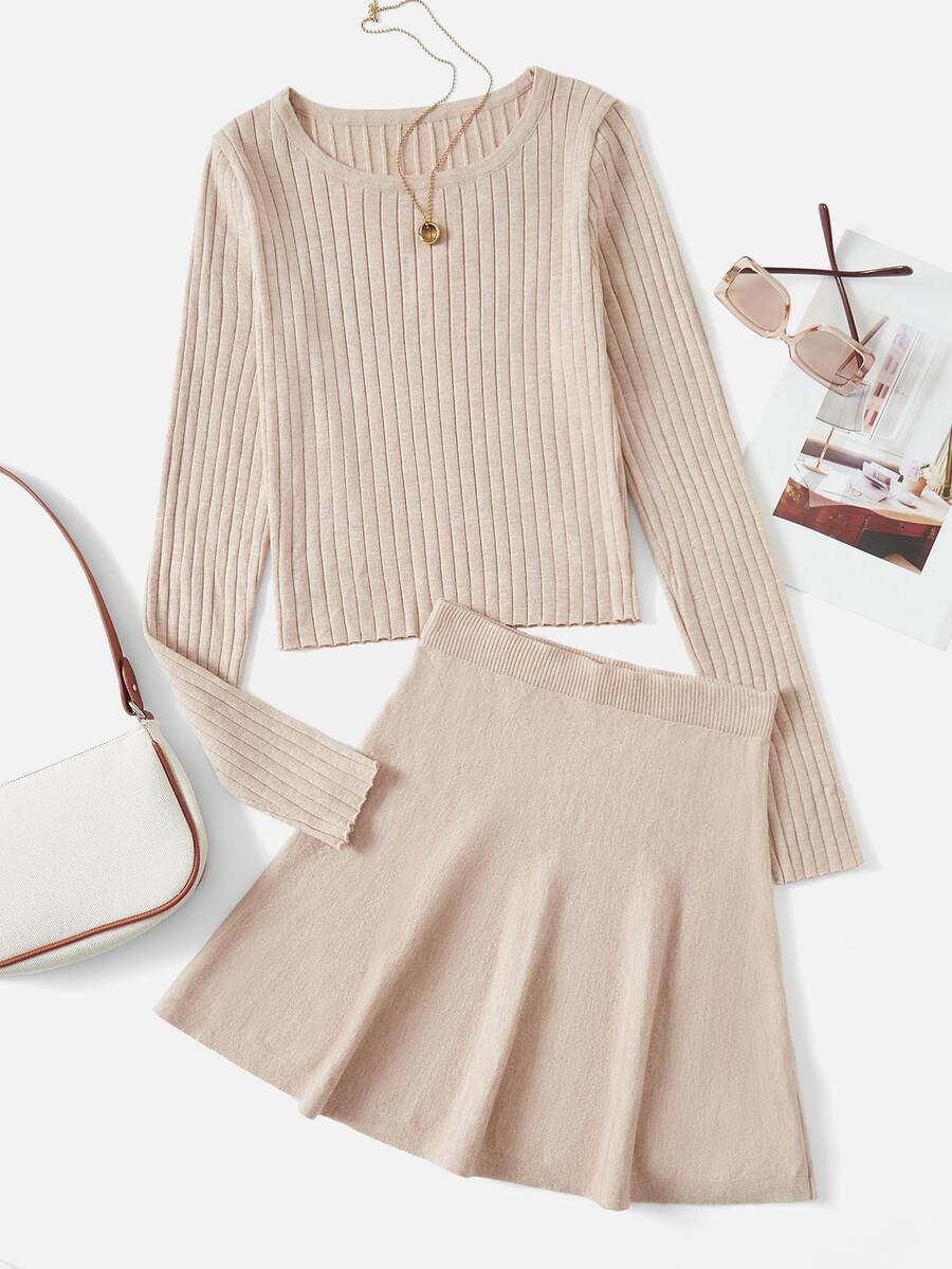 SHEIN Qutie Ribbed Knit Jumper & Knit Skirt - Apricot - View 1