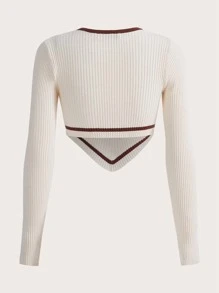 SHEIN EZwear Striped Trim Asymmetrical Hem Crop Jumper - Beige - View 2