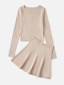 SHEIN Qutie Ribbed Knit Jumper & Knit Skirt - Apricot - View 2