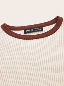 SHEIN EZwear Striped Trim Asymmetrical Hem Crop Jumper - Beige - View 4