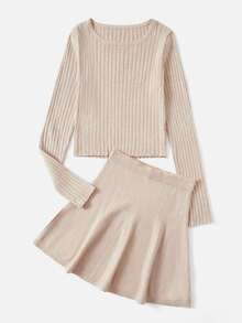 SHEIN Qutie Ribbed Knit Jumper & Knit Skirt - Apricot - View 5