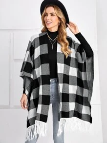 EMERY ROSE Buffalo Plaid Pattern Fringe Hem Cardigan - Black and White - View 1