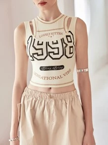 SHEIN MOD 字母圖案短款背心 - 米色 - 查看 3