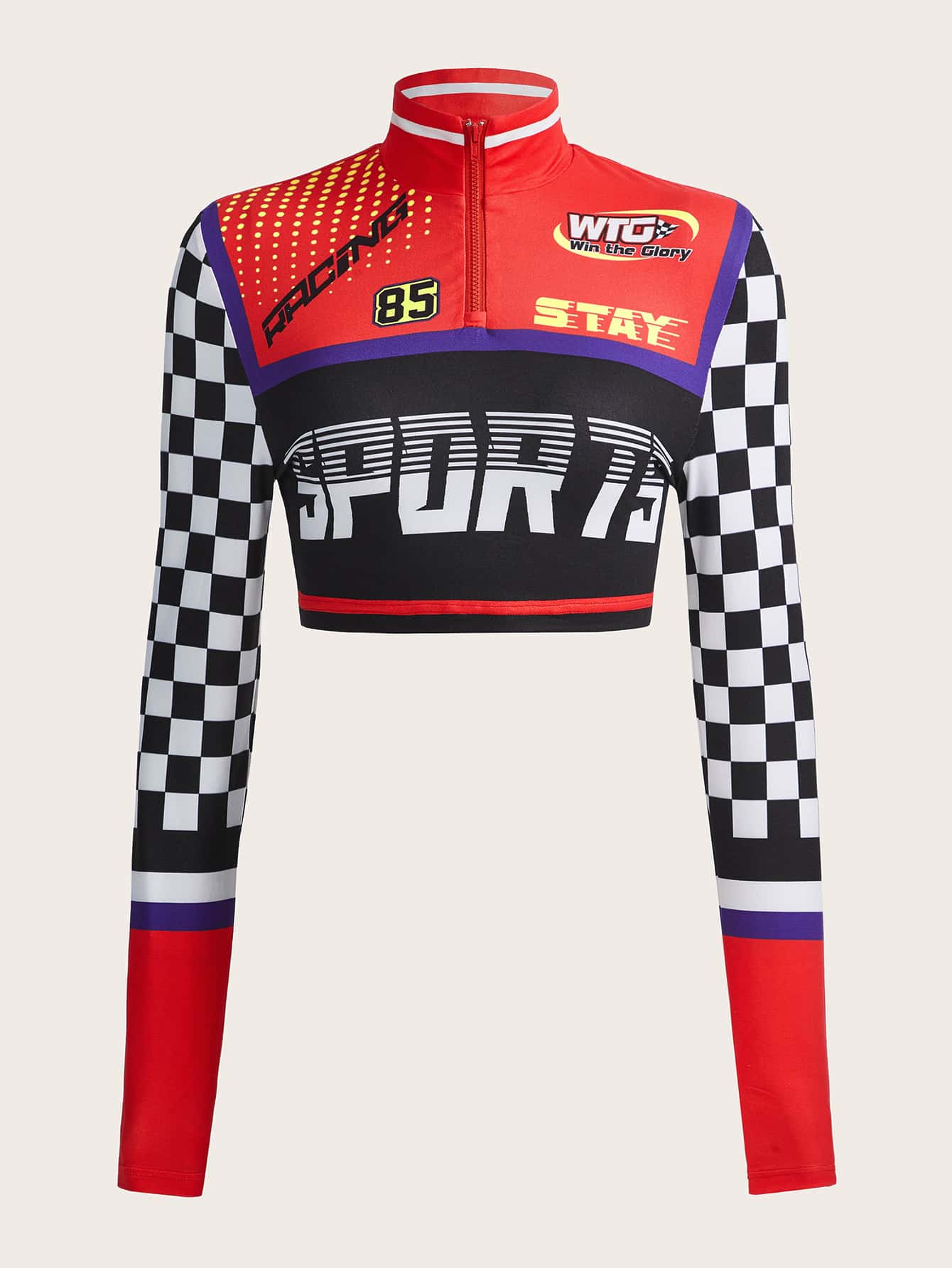 SHEIN ICON Bikercore字母和棋盤格半拉鏈開襟短款上衣 - 彩色 - 查看 1