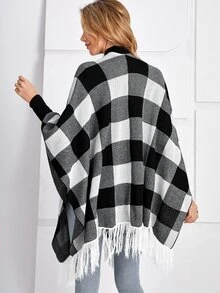 EMERY ROSE Buffalo Plaid Pattern Fringe Hem Cardigan - Black and White - View 2