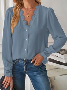 SHEIN LUNE Guipure Lace Trim Puff Sleeve Blouse - Dusty Blue - View 1