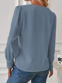 SHEIN LUNE Guipure Lace Trim Puff Sleeve Blouse - Dusty Blue - View 2