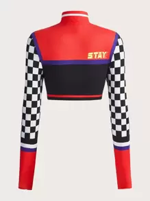SHEIN ICON Bikercore字母和棋盤格半拉鏈開襟短款上衣 - 彩色 - 查看 2