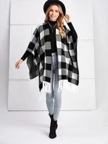 EMERY ROSE Buffalo Plaid Pattern Fringe Hem Cardigan - Black and White - View 3