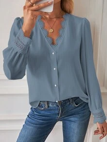 SHEIN LUNE Guipure Lace Trim Puff Sleeve Blouse - Dusty Blue - View 3