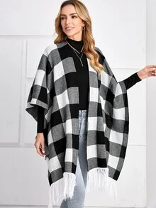 EMERY ROSE Buffalo Plaid Pattern Fringe Hem Cardigan - Black and White - View 6