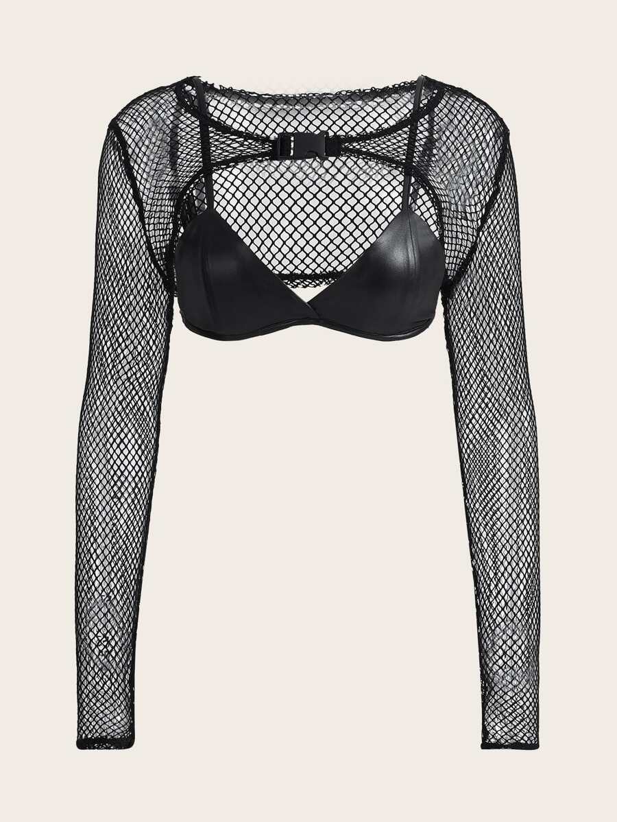 SHEIN ICON Top súper corto de malla transparente con cami - Negro - Ver 1