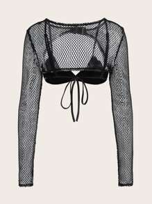 SHEIN ICON Top súper corto de malla transparente con cami - Negro - Ver 2