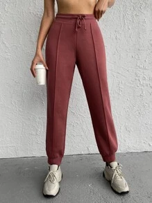 RueChic Drawstring Waist Solid Joggers - Redwood - View 1
