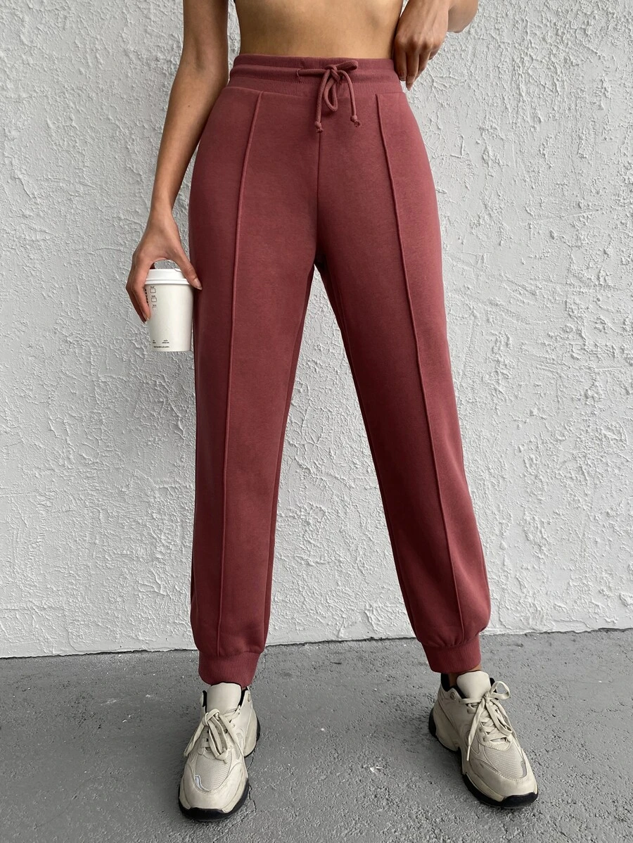 RueChic Drawstring Waist Solid Joggers - Redwood - View 1