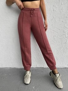 RueChic Drawstring Waist Solid Joggers - Redwood - View 3