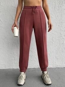 RueChic Drawstring Waist Solid Joggers - Redwood - View 4