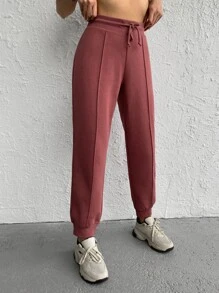 RueChic Drawstring Waist Solid Joggers - Redwood - View 5