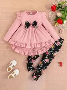 SHEIN Young Girl Ruffle Trim Bow Front Top & Floral Print Leggings - Multicolor - View 1