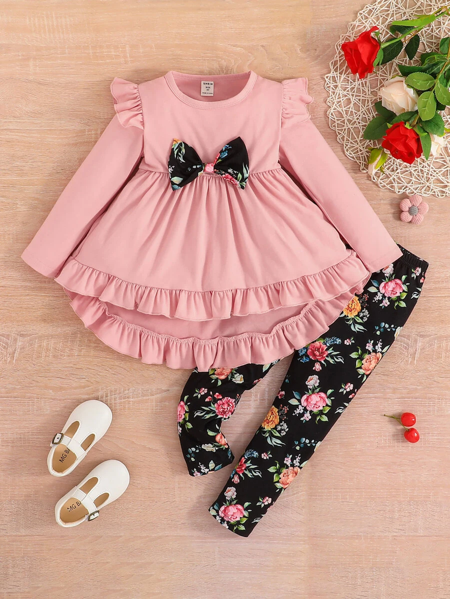 SHEIN Young Girl Ruffle Trim Bow Front Top & Floral Print Leggings - Multicolor - View 1