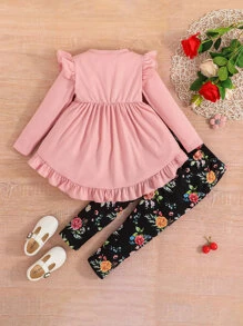 SHEIN Young Girl Ruffle Trim Bow Front Top & Floral Print Leggings - Multicolor - View 2