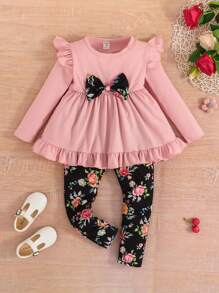 SHEIN Young Girl Ruffle Trim Bow Front Top & Floral Print Leggings - Multicolor - View 3